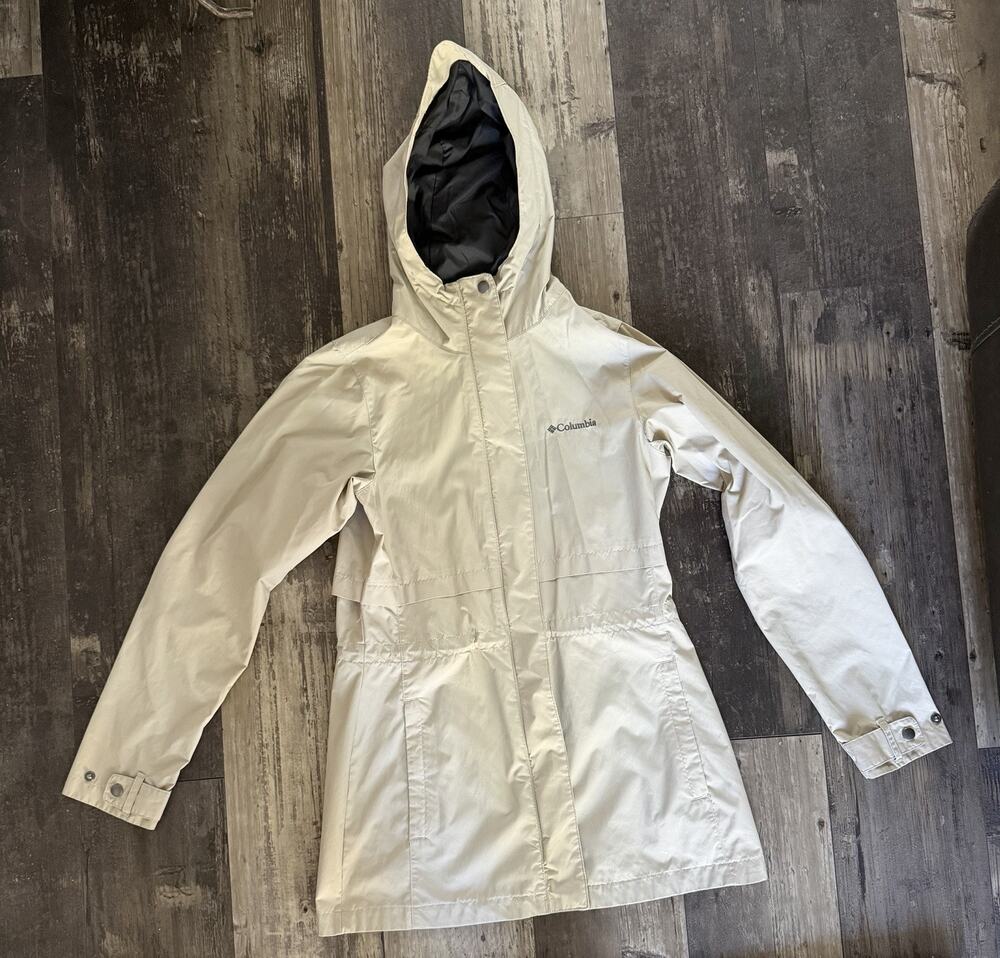 Columbia Womenās XS Cream Hooded Rain Jacket Nylon Trench Coat Lightweight